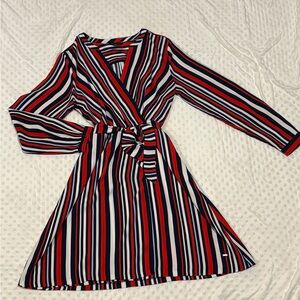 Tommy Hilfiger Red and Blue Striped Long Sleeve Dress